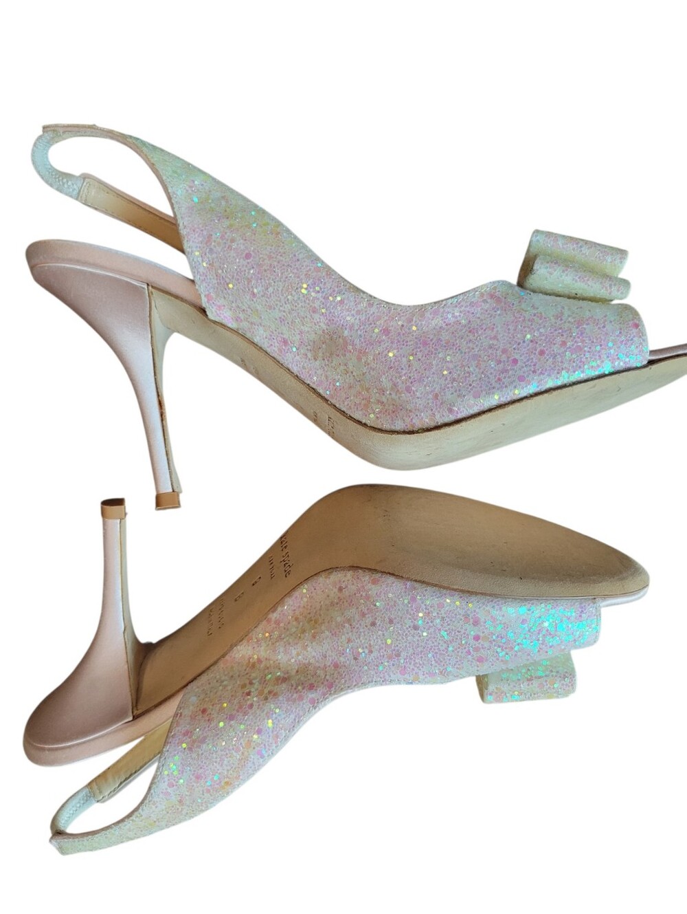 Kate Spade New York Charm Peep Toe White Glitter Sling Back Pumps Heels - Picture 4 of 9